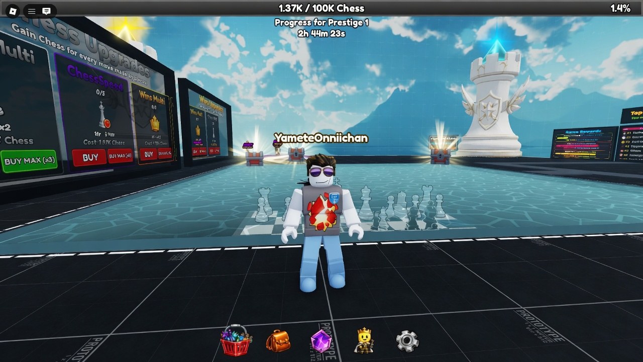 Chess Incremental Roblox lobby with the auto-playing board, ChessSpeed upgrades, and Prestige 1 progress bar